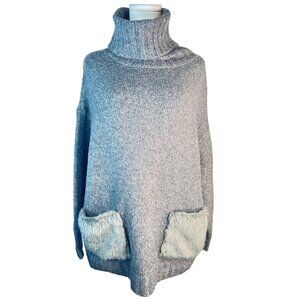 ZARA Knit Medium Gray Turtleneck Sweater With Faux Fur Pockets